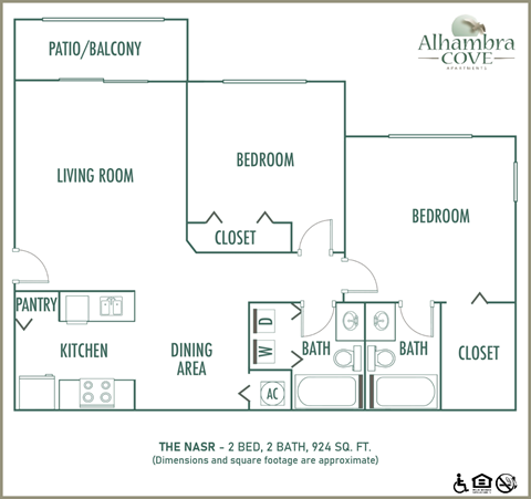 Floor plan for 2 beds, 2 baths, 924 sqft